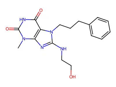 8-((2-hydroxyethyl)amino)-3-methyl-7-(3-phenylpropyl)-1H-purine-2,6(3H,7H)-dione structure