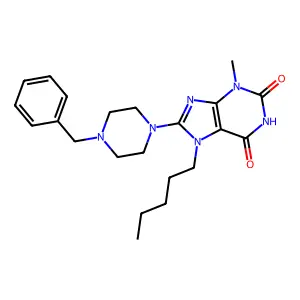8-(4-benzylpiperazin-1-yl)-3-methyl-7-pentyl-1H-purine-2,6(3H,7H)-dione structure