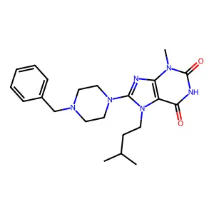 8-(4-benzylpiperazin-1-yl)-7-isopentyl-3-methyl-1H-purine-2,6(3H,7H)-dione structure