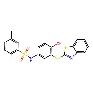 N-(3-(benzo[d]thiazol-2-ylthio)-4-hydroxyphenyl)-2,5-dimethylbenzenesulfonamide structure