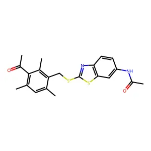 N-[2-[(3-acetyl-2,4,6-trimethylphenyl)methylsulfanyl]-1,3-benzothiazol-6-yl]acetamide structure