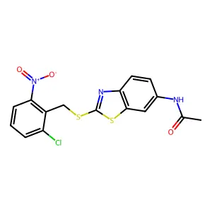 N-[2-[(2-chloro-6-nitrophenyl)methylsulfanyl]-1,3-benzothiazol-6-yl]acetamide structure