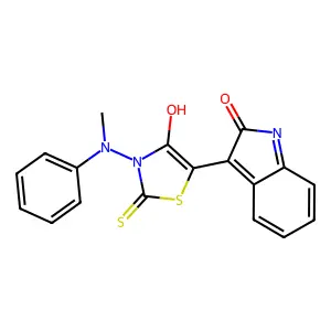(3E)-3-{3-[methyl(phenyl)amino]-4-oxo-2-thioxo-1,3-thiazolidin-5-ylidene}-1,3-dihydro-2H-indol-2-one structure