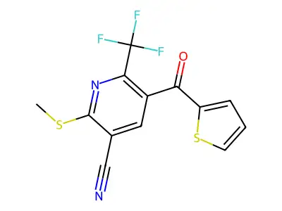 2-(methylsulfanyl)-5-(thiophene-2-carbonyl)-6-(trifluoromethyl)pyridine-3-carbonitrile structure