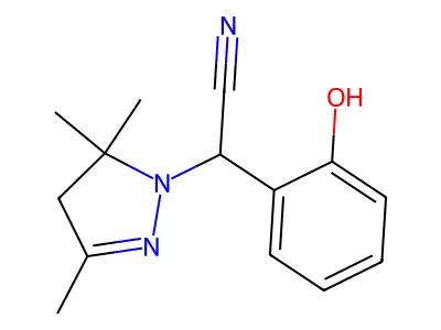 2-(2-hydroxyphenyl)-2-(3,5,5-trimethyl-4H-pyrazol-1-yl)acetonitrile structure