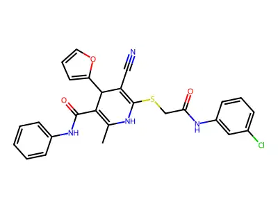 6-((2-((3-chlorophenyl)amino)-2-oxoethyl)thio)-5-cyano-4-(furan-2-yl)-2-methyl-N-phenyl-1,4-dihydropyridine-3-carboxamide structure