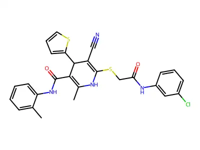 6-((2-((3-chlorophenyl)amino)-2-oxoethyl)thio)-5-cyano-2-methyl-4-(thiophen-2-yl)-N-(o-tolyl)-1,4-dihydropyridine-3-carboxamide structure