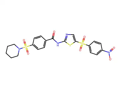 N-(5-((4-nitrophenyl)sulfonyl)thiazol-2-yl)-4-(piperidin-1-ylsulfonyl)benzamide structure
