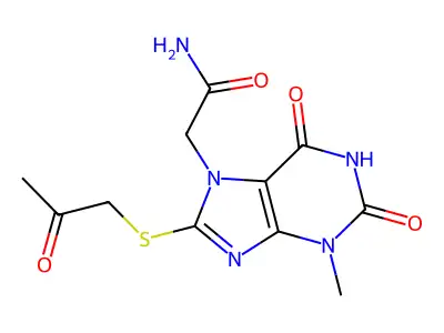 2-(3-methyl-2,6-dioxo-8-((2-oxopropyl)thio)-2,3-dihydro-1H-purin-7(6H)-yl)acetamide structure