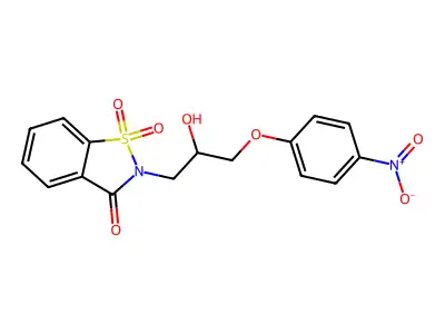 2-[2-Hydroxy-3-(4-nitrophenoxy)propyl]-1,1-dioxo-1,2-benzothiazol-3-one structure