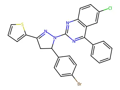 2-(5-(4-bromophenyl)-3-(thiophen-2-yl)-4,5-dihydro-1H-pyrazol-1-yl)-6-chloro-4-phenylquinazoline structure