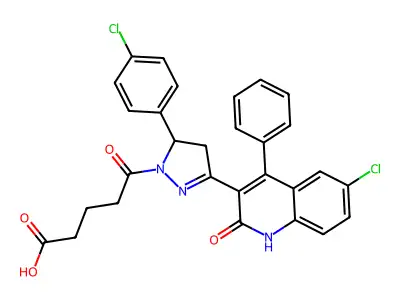 5-(3-(6-chloro-2-oxo-4-phenyl-1,2-dihydroquinolin-3-yl)-5-(4-chlorophenyl)-4,5-dihydro-1H-pyrazol-1-yl)-5-oxopentanoic acid structure