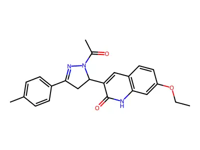 3-(1-acetyl-3-(p-tolyl)-4,5-dihydro-1H-pyrazol-5-yl)-7-ethoxyquinolin-2(1H)-one structure
