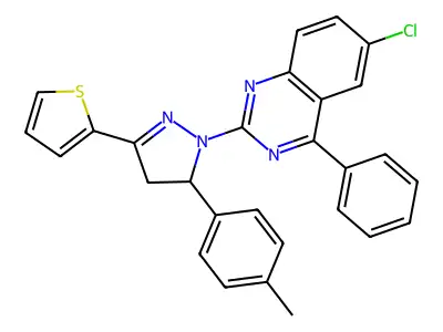 6-chloro-4-phenyl-2-(3-(thiophen-2-yl)-5-(p-tolyl)-4,5-dihydro-1H-pyrazol-1-yl)quinazoline structure