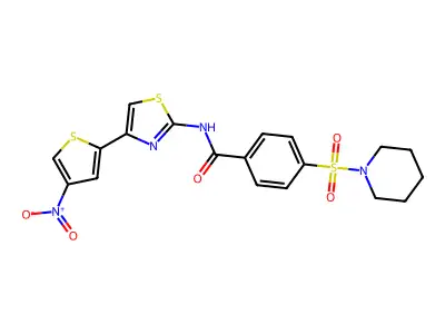 N-(4-(4-nitrothiophen-2-yl)thiazol-2-yl)-4-(piperidin-1-ylsulfonyl)benzamide structure