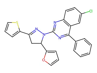 6-chloro-2-(5-(furan-2-yl)-3-(thiophen-2-yl)-4,5-dihydro-1H-pyrazol-1-yl)-4-phenylquinazoline structure