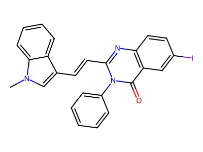 6-iodo-2-[(E)-2-(1-methylindol-3-yl)ethenyl]-3-phenylquinazolin-4-one structure