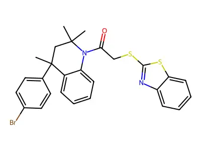2-(1,3-benzothiazol-2-ylsulfanyl)-1-[4-(4-bromophenyl)-2,2,4-trimethyl-3,4-dihydroquinolin-1(2H)-yl]ethanone structure