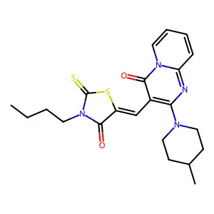 3-[(Z)-(3-butyl-4-oxo-2-thioxo-1,3-thiazolidin-5-ylidene)methyl]-2-(4-methylpiperidin-1-yl)-4H-pyrido[1,2-a]pyrimidin-4-one structure