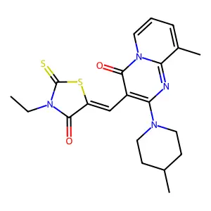 3-[(Z)-(3-ethyl-4-oxo-2-thioxo-1,3-thiazolidin-5-ylidene)methyl]-9-methyl-2-(4-methylpiperidin-1-yl)-4H-pyrido[1,2-a]pyrimidin-4-one structure