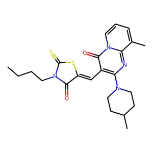 3-[(Z)-(3-butyl-4-oxo-2-thioxo-1,3-thiazolidin-5-ylidene)methyl]-9-methyl-2-(4-methylpiperidin-1-yl)-4H-pyrido[1,2-a]pyrimidin-4-one structure