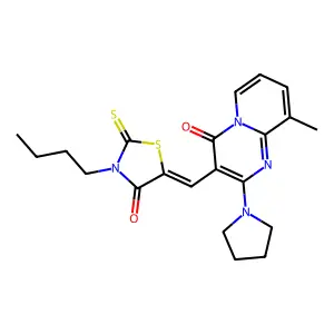 (Z)-3-butyl-5-((9-methyl-4-oxo-2-(pyrrolidin-1-yl)-4H-pyrido[1,2-a]pyrimidin-3-yl)methylene)-2-thioxothiazolidin-4-one structure