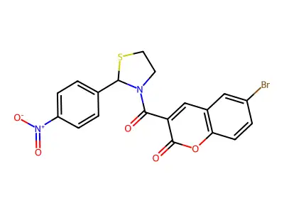 6-bromo-3-(2-(4-nitrophenyl)thiazolidine-3-carbonyl)-2H-chromen-2-one structure