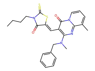 2-[benzyl(methyl)amino]-3-[(Z)-(3-butyl-4-oxo-2-thioxo-1,3-thiazolidin-5-ylidene)methyl]-9-methyl-4H-pyrido[1,2-a]pyrimidin-4-one structure