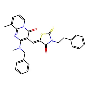 2-[benzyl(methyl)amino]-9-methyl-3-{(Z)-[4-oxo-3-(2-phenylethyl)-2-thioxo-1,3-thiazolidin-5-ylidene]methyl}-4H-pyrido[1,2-a]pyrimidin-4-one structure