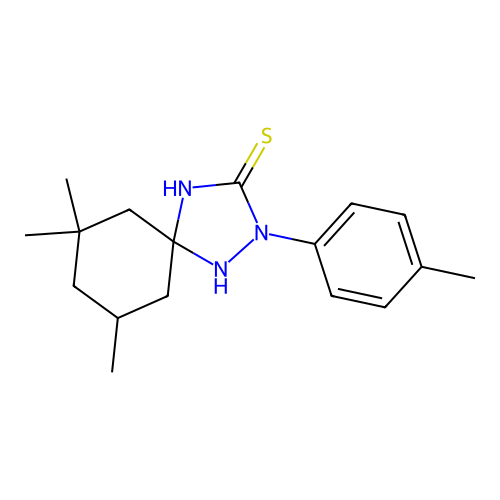 7,7,9-Trimethyl-2-(4-methylphenyl)-1,2,4-triazaspiro[4.5]decane-3-thione structure