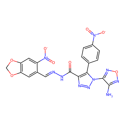 1-(4-amino-1,2,5-oxadiazol-3-yl)-N'-[(E)-(6-nitro-1,3-benzodioxol-5-yl)methylidene]-5-(4-nitrophenyl)-1H-1,2,3-triazole-4-carbohydrazide structure