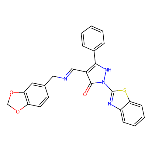 4-{[(1,3-benzodioxol-5-ylmethyl)amino]methylene}-2-(1,3-benzothiazol-2-yl)-5-phenyl-2,4-dihydro-3H-pyrazol-3-one structure