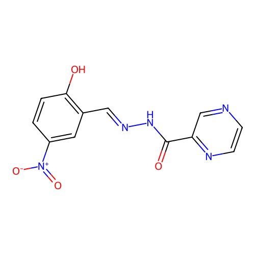 N-[(2-hydroxy-5-nitrophenyl)methylideneamino]pyrazine-2-carboxamide structure
