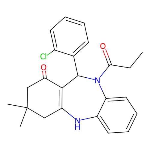 11-(2-chlorophenyl)-3,3-dimethyl-10-propanoyl-2,3,4,5,10,11-hexahydro-1H-dibenzo[b,e][1,4]diazepin-1-one structure