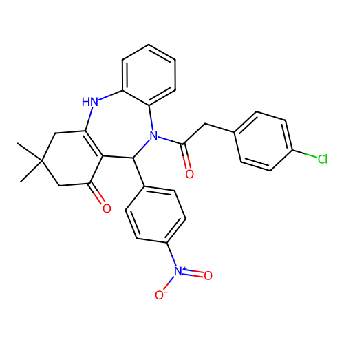 10-(2-(4-chlorophenyl)acetyl)-3,3-dimethyl-11-(4-nitrophenyl)-2,3,4,5,10,11-hexahydro-1H-dibenzo[b,e][1,4]diazepin-1-one structure