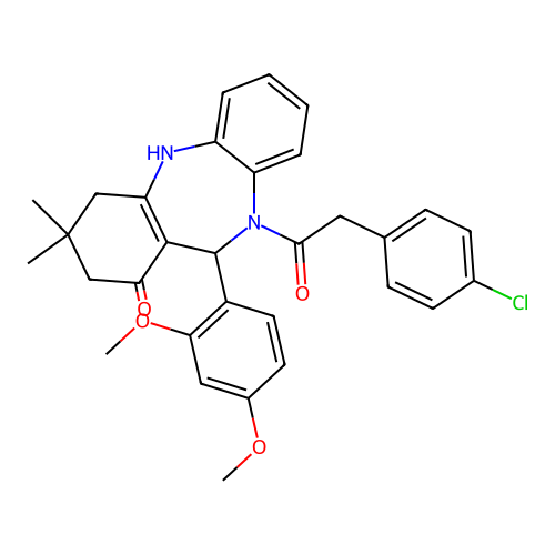 10-[(4-chlorophenyl)acetyl]-11-(2,4-dimethoxyphenyl)-3,3-dimethyl-2,3,4,5,10,11-hexahydro-1H-dibenzo[b,e][1,4]diazepin-1-one structure