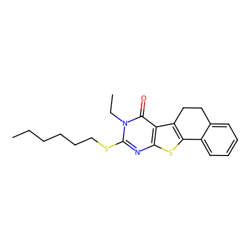 8-ethyl-9-(hexylsulfanyl)-5,8-dihydronaphtho[2',1':4,5]thieno[2,3-d]pyrimidin-7(6H)-one structure