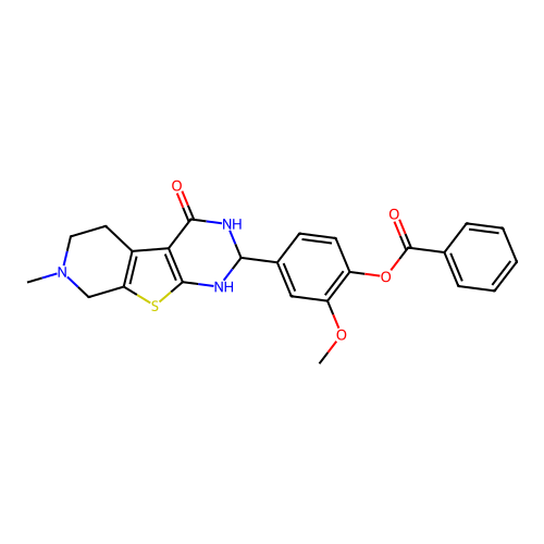 4-(4-hydroxy-7-methyl-1,2,5,6,7,8-hexahydropyrido[4',3':4,5]thieno[2,3-d]pyrimidin-2-yl)-2-methoxyphenyl benzoate structure