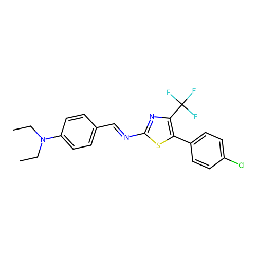 4-[(E)-[5-(4-chlorophenyl)-4-(trifluoromethyl)-1,3-thiazol-2-yl]iminomethyl]-N,N-diethylaniline structure