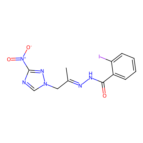 N'-(2-{3-nitro-1H-1,2,4-triazol-1-yl}-1-methylethylidene)-2-iodobenzohydrazide structure