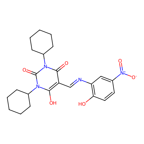 1,3-dicyclohexyl-5-[(2-hydroxy-5-nitroanilino)methylidene]-1,3-diazinane-2,4,6-trione structure