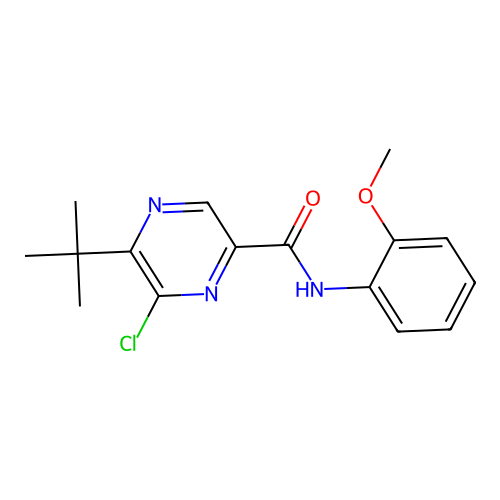 5-tert-butyl-6-chloro-N-(2-methoxyphenyl)pyrazine-2-carboxamide structure