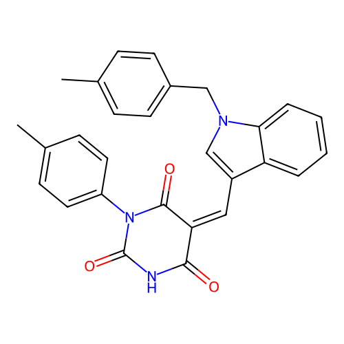 (Z)-5-((1-(4-methylbenzyl)-1H-indol-3-yl)methylene)-1-(p-tolyl)pyrimidine-2,4,6(1H,3H,5H)-trione structure