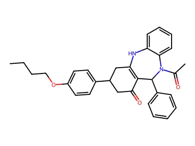 10-acetyl-3-(4-butoxyphenyl)-11-phenyl-2,3,4,5,10,11-hexahydro-1H-dibenzo[b,e][1,4]diazepin-1-one structure