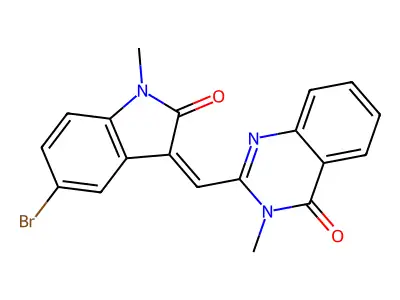 2-[(Z)-(5-bromo-1-methyl-2-oxoindol-3-ylidene)methyl]-3-methylquinazolin-4-one structure