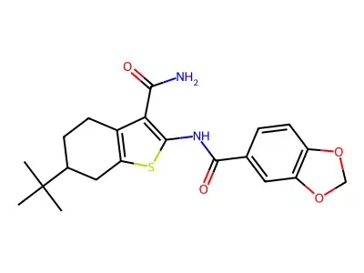 N-(6-tert-butyl-3-carbamoyl-4,5,6,7-tetrahydro-1-benzothiophen-2-yl)-1,3-benzodioxole-5-carboxamide structure
