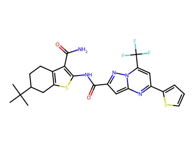 N-(6-tert-butyl-3-carbamoyl-4,5,6,7-tetrahydro-1-benzothiophen-2-yl)-5-thiophen-2-yl-7-(trifluoromethyl)pyrazolo[1,5-a]pyrimidine-2-carboxamide structure