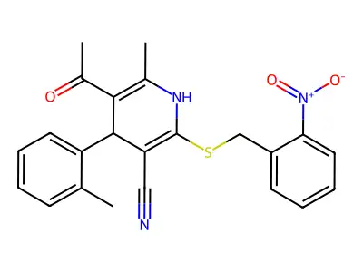 5-acetyl-6-methyl-4-(2-methylphenyl)-2-[(2-nitrophenyl)methylsulfanyl]-1,4-dihydropyridine-3-carbonitrile structure