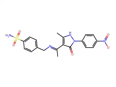 4-({[1-(1-{4-nitrophenyl}-3-methyl-5-oxo-1,5-dihydro-4H-pyrazol-4-ylidene)ethyl]amino}methyl)benzenesulfonamide structure