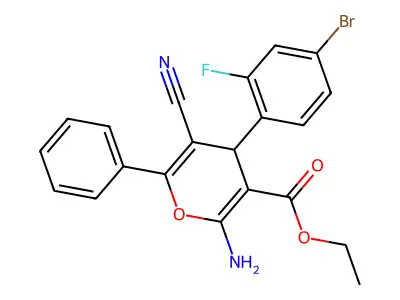 ethyl 2-amino-4-(4-bromo-2-fluorophenyl)-5-cyano-6-phenyl-4H-pyran-3-carboxylate structure